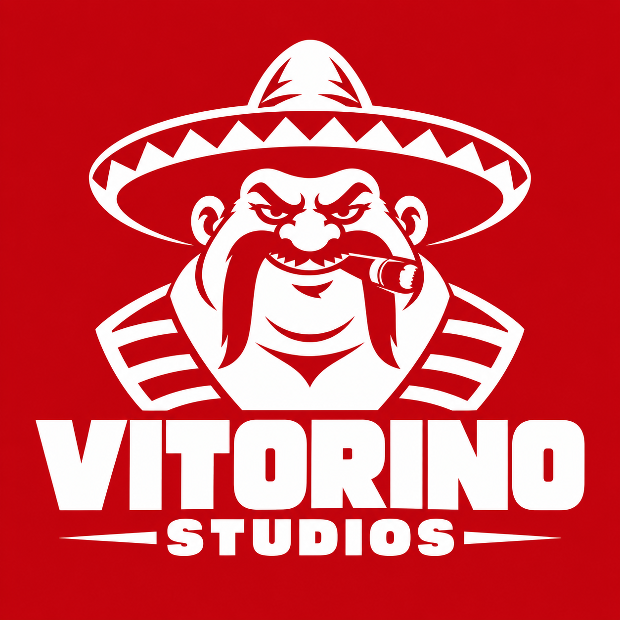 Vitorino Studios: personaje con sombrero y bigote, en blanco sobre rojo